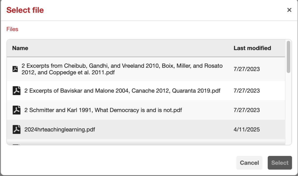 This image shows the picker with Canvas Folders integration turned off. It only shows PDF files but not the folders.